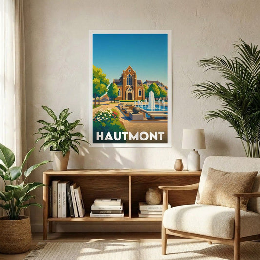 Affiche souvenir de la ville de Hautmont avec une illustration stylisée.