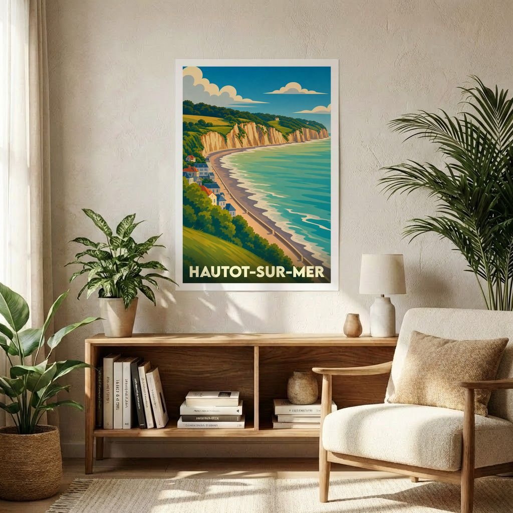 Affiche souvenir de la ville de Hautot-sur-Mer avec une illustration stylisée de son littoral.