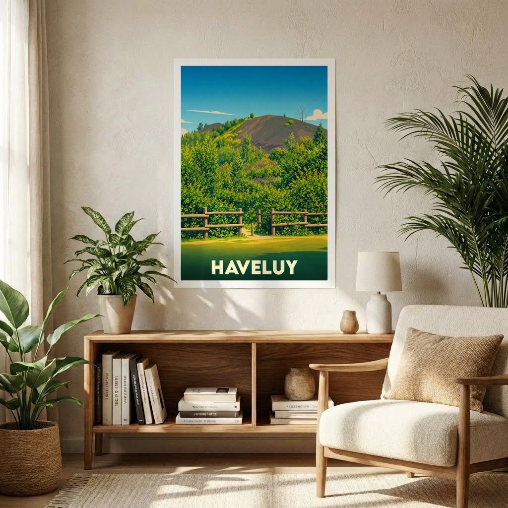 Affiche souvenir de la ville de Haveluy représentant un paysage naturel verdoyant dans un style graphique épuré.