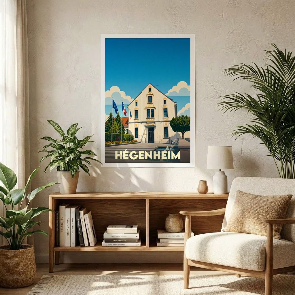 Affiche souvenir de la ville de Hégenheim présentant une illustration stylisée de sa mairie sous un ciel bleu azur.