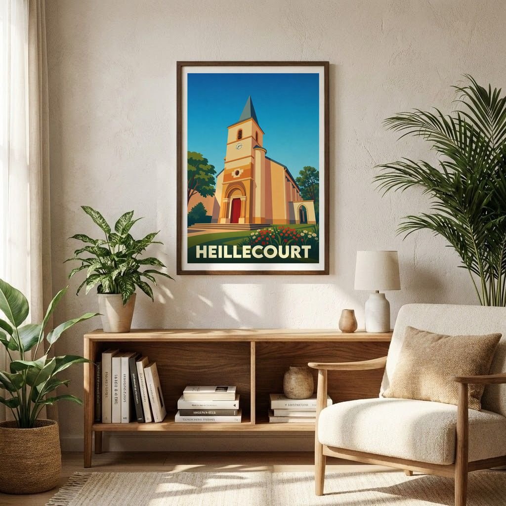Affiche souvenir de la ville de Heillecourt avec une illustration stylisée de son église sous un ciel bleu.