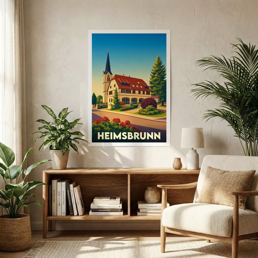 Affiche souvenir de la ville de Heimsbrunn présentant une illustration stylisée et colorée de son architecture.