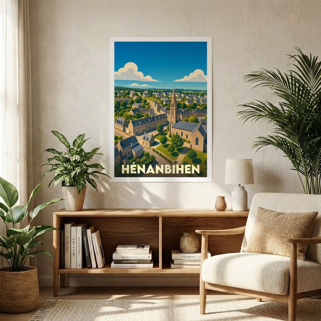 Affiche souvenir grand format de la ville de Hénanbihen présentant une illustration stylisée du bourg et de son église.