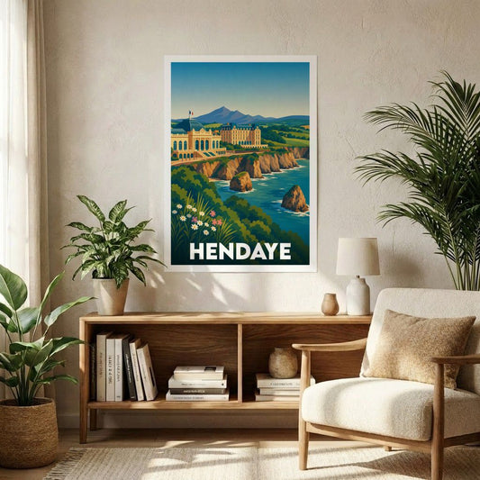 Affiche souvenir de la ville de Hendaye avec une illustration stylisée de sa côte escarpée.