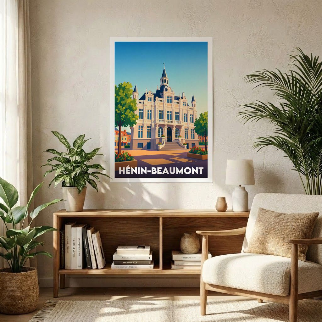 Affiche souvenir de la ville de Hénin-Beaumont avec une illustration stylisée de son hôtel de ville.