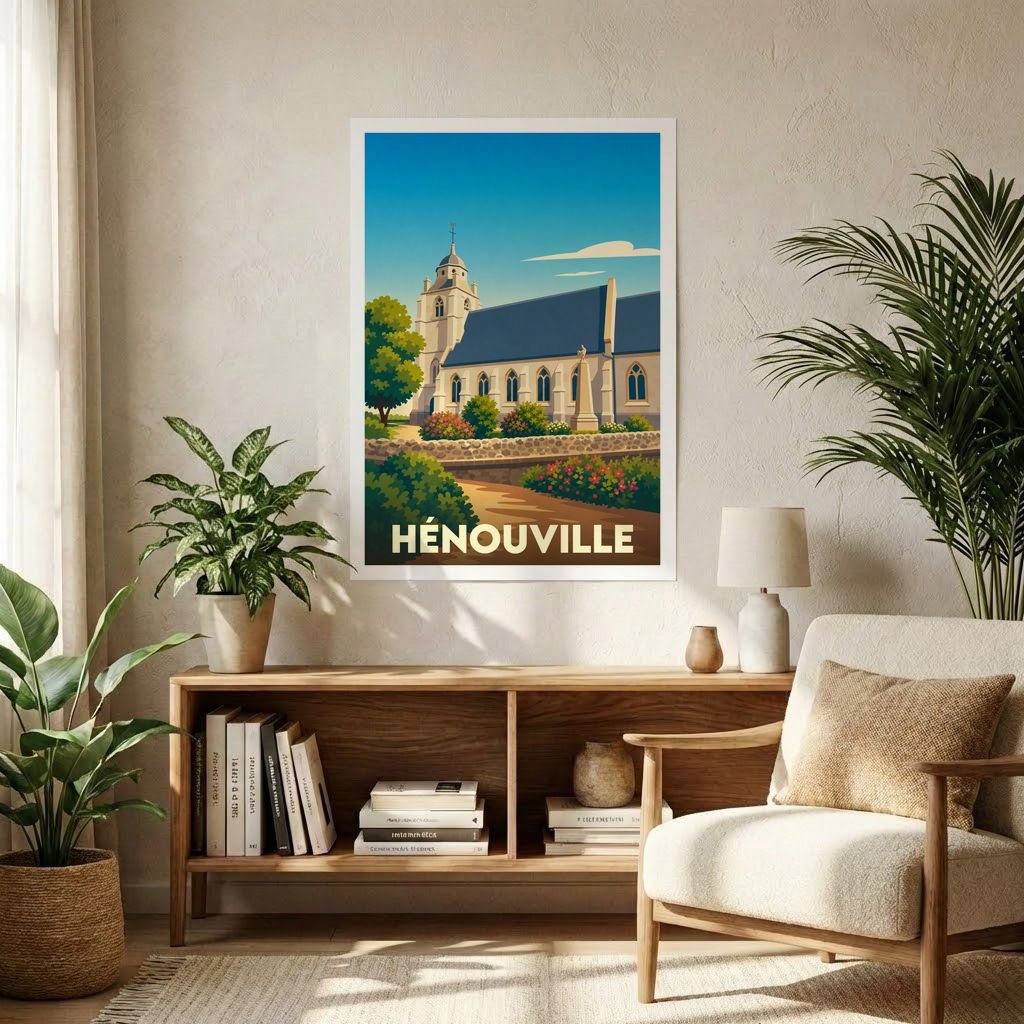 Affiche souvenir de la ville de Hénouville avec une illustration stylisée de son église sous un ciel bleu.