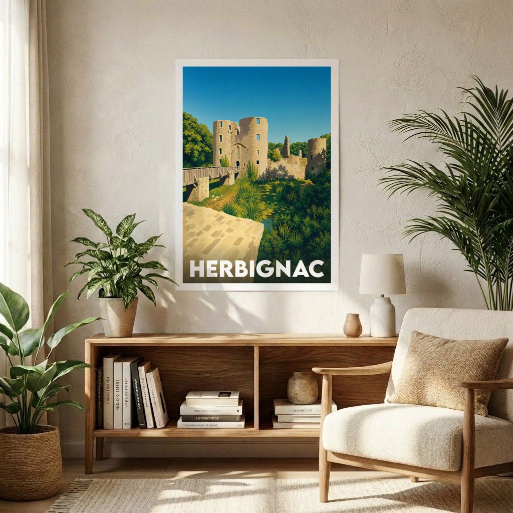 Affiche souvenir de la ville d'Herbignac illustrant son château médiéval dans un style graphique épuré.