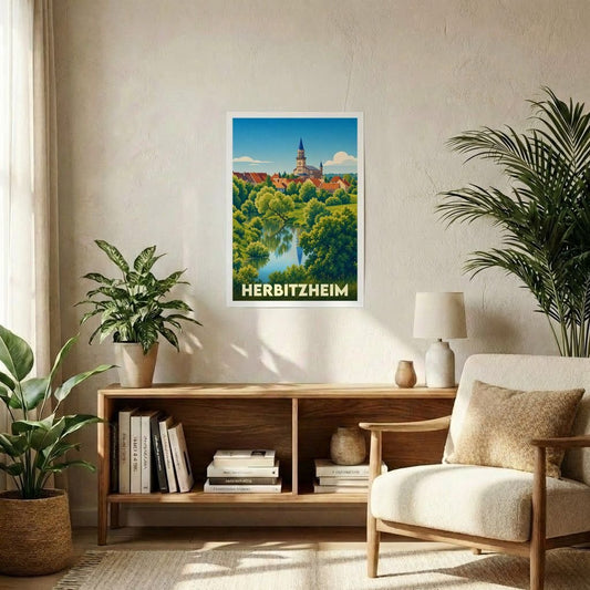Affiche souvenir de la ville de Herbitzheim avec une illustration stylisée d'un paysage verdoyant et de son église.