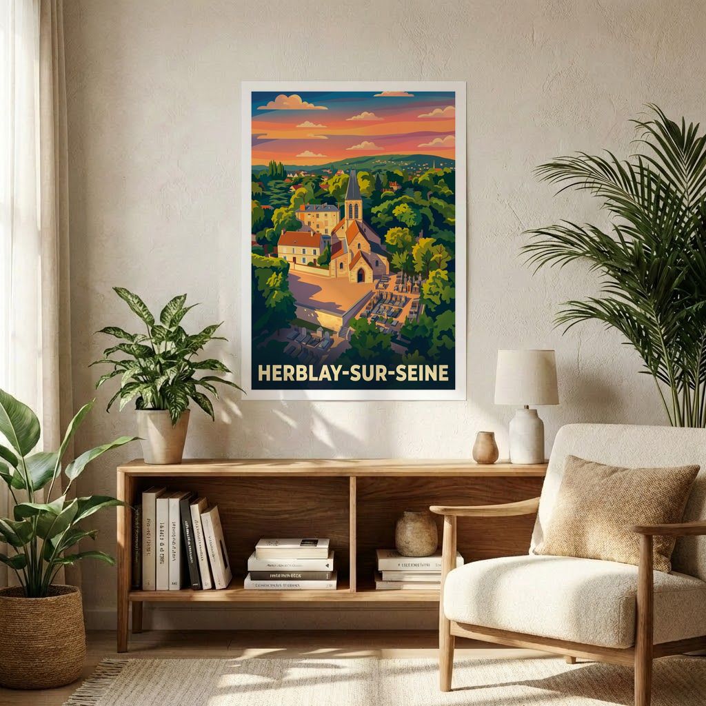 Affiche souvenir de la ville de Herblay-sur-Seine avec une illustration stylisée et colorée.