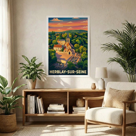 Affiche souvenir de la ville de Herblay-sur-Seine avec une illustration stylisée et colorée.