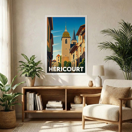 Affiche souvenir de la ville d'Héricourt présentant une illustration stylisée de son architecture emblématique dans un cadre de décoration intérieure.