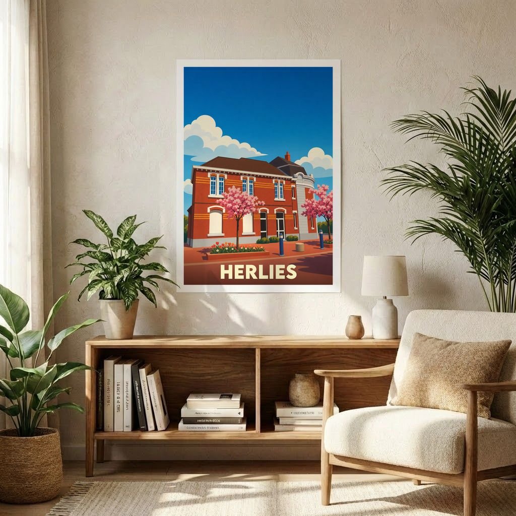 Affiche souvenir de la ville de Herlies avec une illustration stylisée d'un bâtiment en briques rouges.