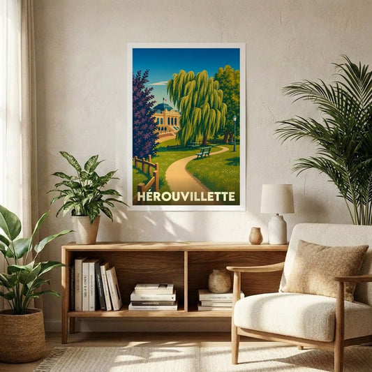Affiche souvenir de la ville de Hérouvillette avec une illustration stylisée d'un parc ensoleillé.
