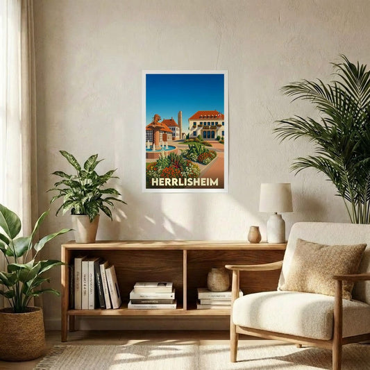 Affiche souvenir de la ville de Herrlisheim avec une illustration stylisée d'une place fleurie.