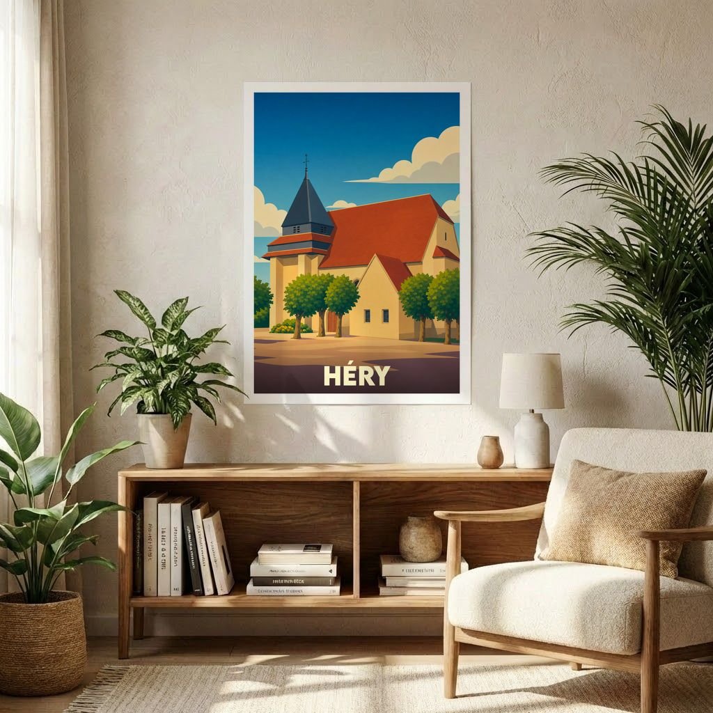 Affiche souvenir de la ville de Héry représentant son église dans un style graphique épuré.