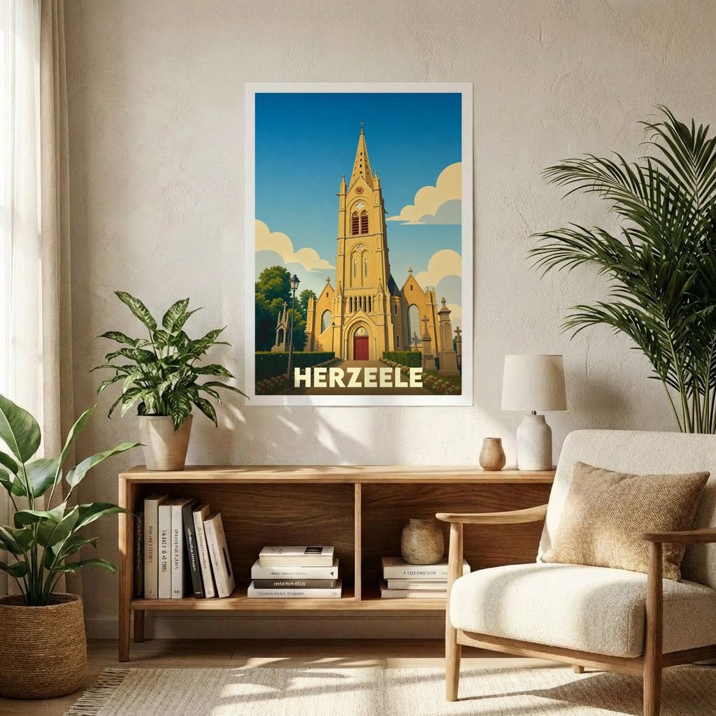 Affiche souvenir de la ville de Herzeele avec une illustration stylisée d'une église sous un ciel bleu.