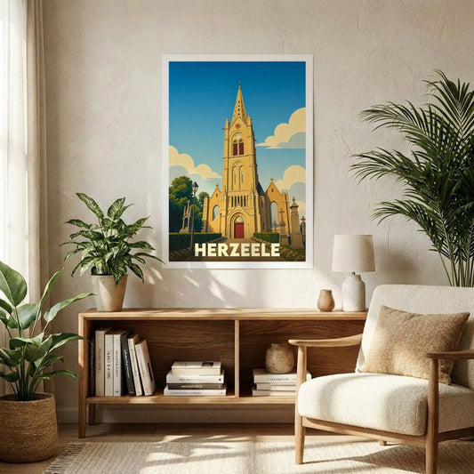 Affiche souvenir de la ville de Herzeele avec une illustration stylisée d'une église sous un ciel bleu.