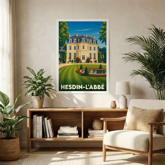 Affiche souvenir de la ville de Hesdin-l'Abbé illustrant un château majestueux et son jardin à la française.