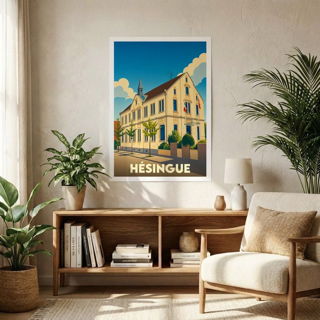 Affiche souvenir de la ville de Hésingue avec une illustration stylisée de son architecture.