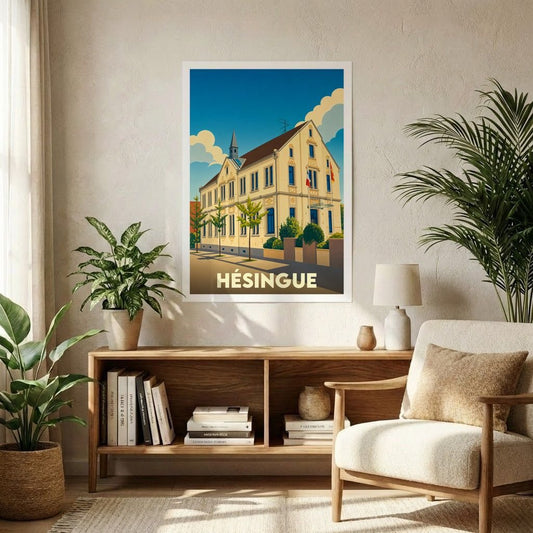 Affiche souvenir de la ville de Hésingue avec une illustration stylisée de son architecture.