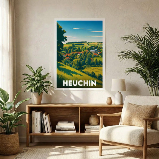 Affiche souvenir de la ville de Heuchin avec une illustration stylisée de son paysage verdoyant.