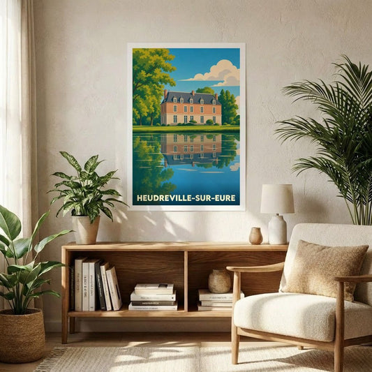 Affiche souvenir de la ville de Heudreville-sur-Eure avec une illustration stylisée d'un château se reflétant dans l'eau.