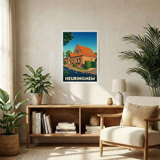 Affiche souvenir de la ville de Heuringhem avec une illustration stylisée d'une maison traditionnelle.