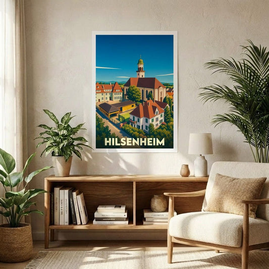 Affiche souvenir de la ville de Hilsenheim avec une illustration stylisée et colorée du village.
