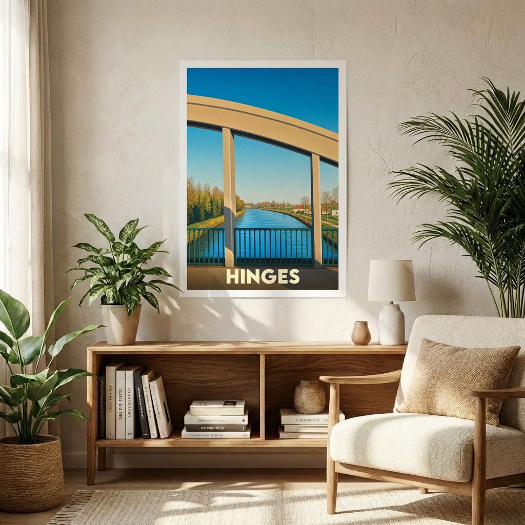 Affiche souvenir de la ville de Hinges représentant son célèbre pont au-dessus du canal.