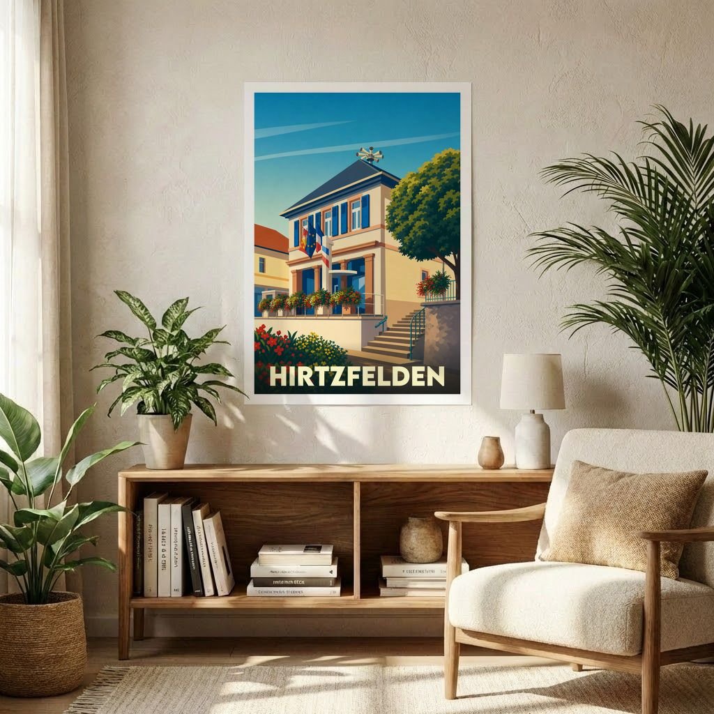 Affiche souvenir de la ville de Hirtzfelden avec une illustration stylisée de sa mairie.