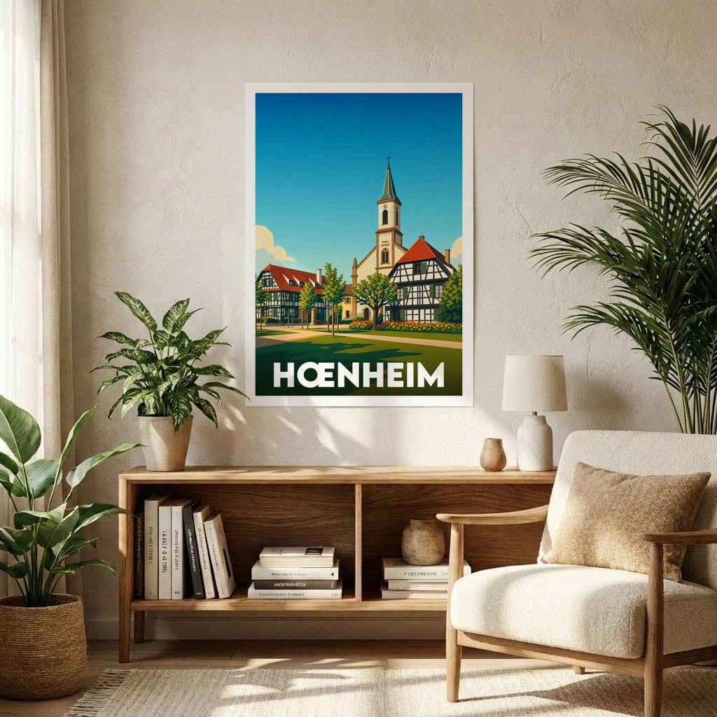 Affiche souvenir de la ville de Hœnheim avec une illustration stylisée de ses maisons à colombages et de son église.
