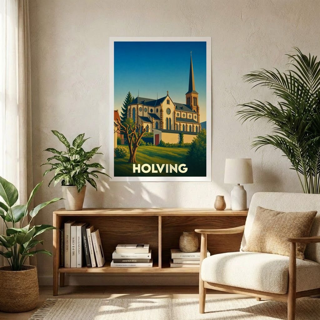 Affiche souvenir de la ville de Holving représentant son église dans un style graphique épuré.
