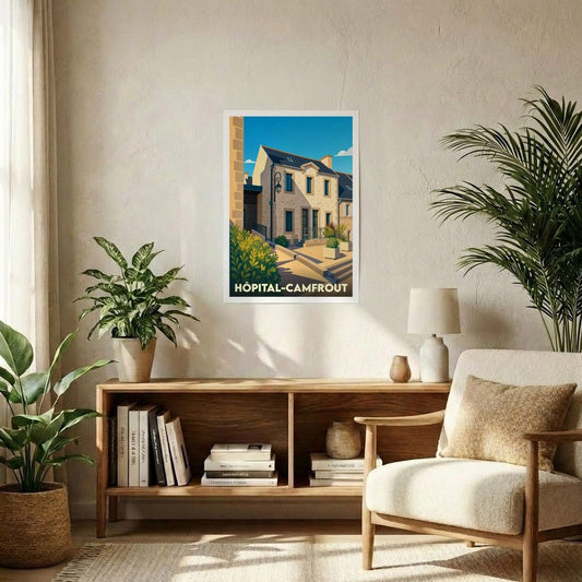 Affiche souvenir de la ville de Hôpital-Camfrout avec une illustration stylisée d'une maison en pierre sous un ciel bleu.