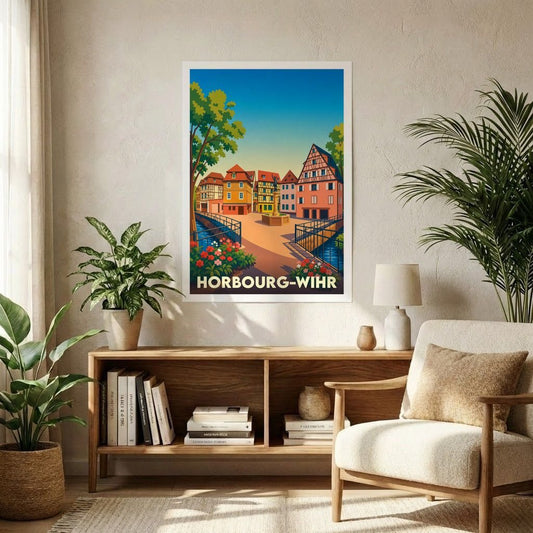 Affiche souvenir de la ville de Horbourg-Wihr avec une illustration stylisée et colorée.