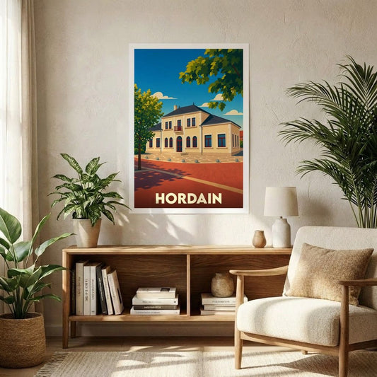 Affiche souvenir de la ville de Hordain avec une illustration stylisée d'un bâtiment emblématique.