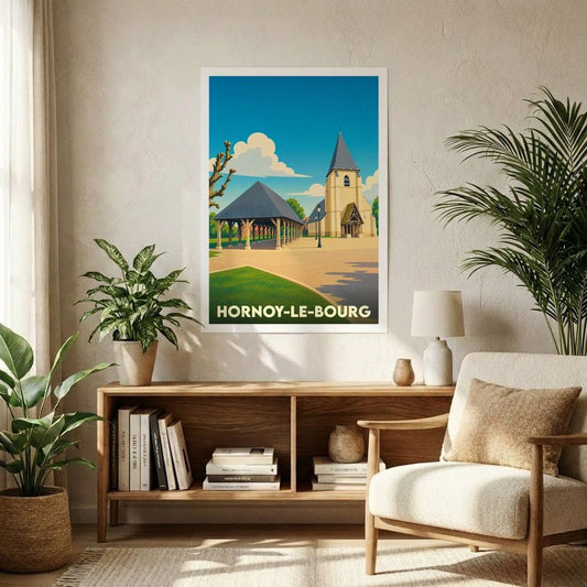 Affiche souvenir de la ville de Hornoy-le-Bourg avec une illustration stylisée.