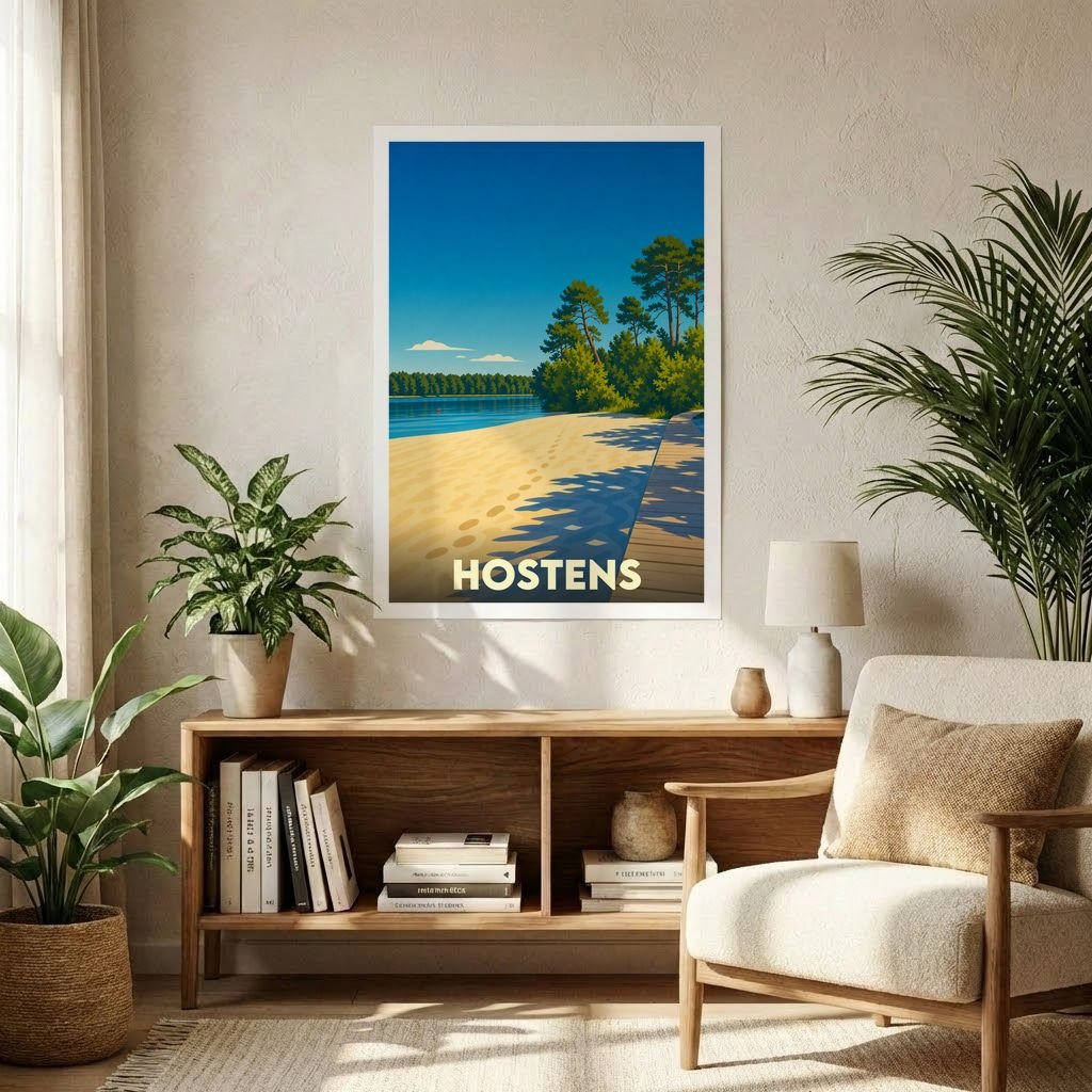 Affiche souvenir de la ville de Hostens représentant une plage de sable bordée de pins sous un ciel bleu azur.