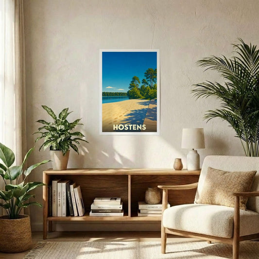 Affiche souvenir de la ville de Hostens représentant un paysage de lac et de forêt dans un style illustré épuré.
