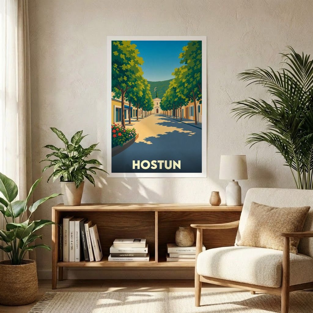 Affiche souvenir de la ville de Hostun avec une illustration stylisée d'une rue arborée.