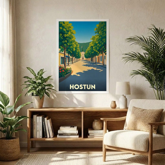 Affiche souvenir de la ville de Hostun avec une illustration stylisée d'une rue arborée.
