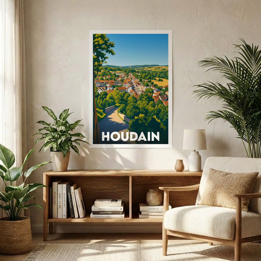 Affiche souvenir de la ville de Houdain avec une illustration stylisée et colorée.
