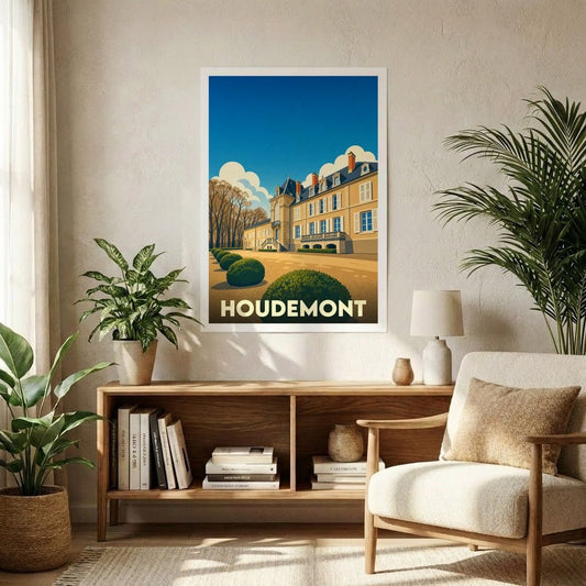 Affiche souvenir de la ville de Houdemont avec une illustration stylisée d'un château.