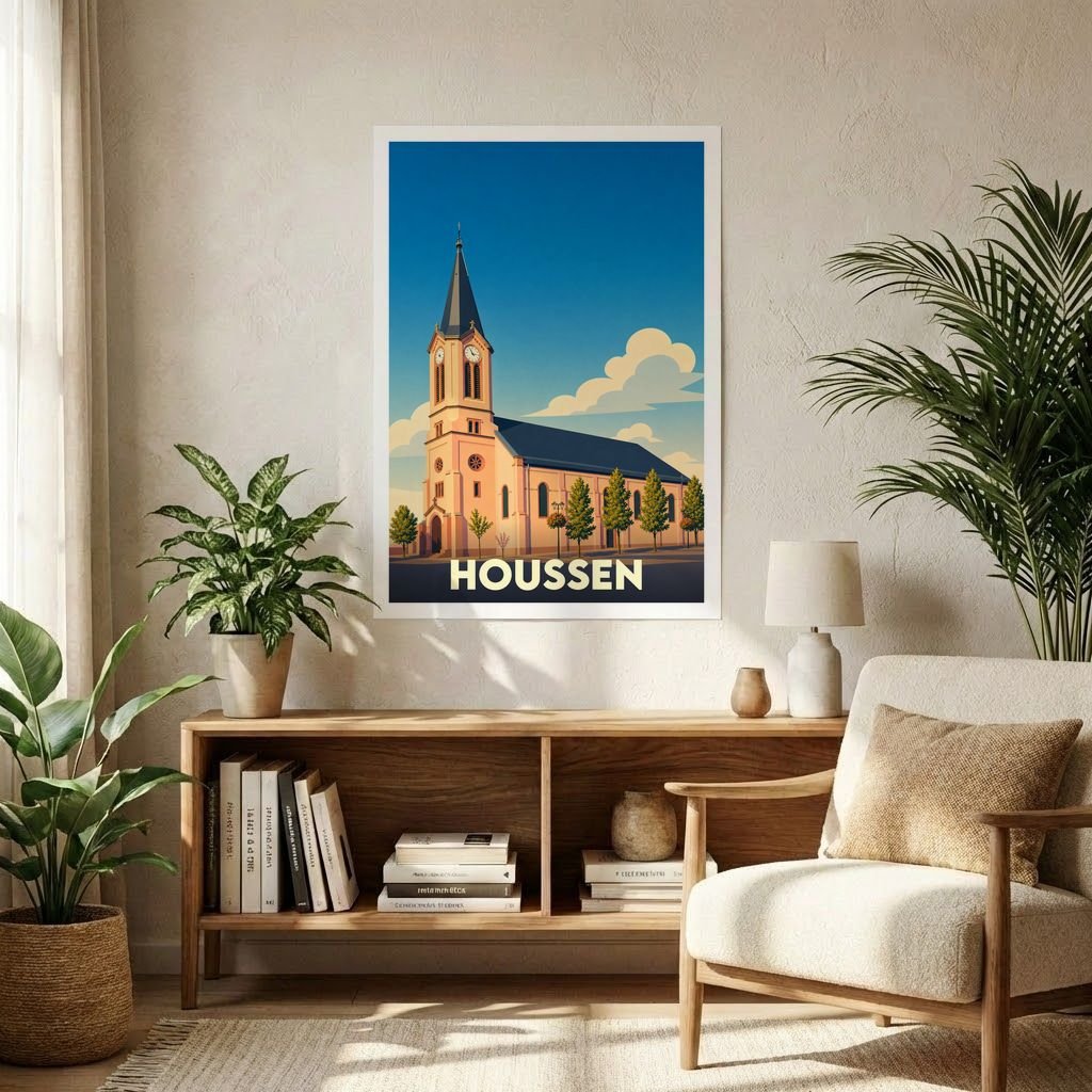 Affiche souvenir de la ville de Houssen avec une illustration stylisée d'une église sous un ciel bleu.