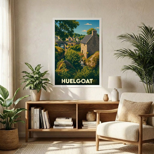 Affiche souvenir de la ville de Huelgoat avec une illustration stylisée.