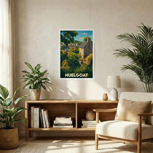 Affiche souvenir de la ville de Huelgoat avec une illustration de style vintage.