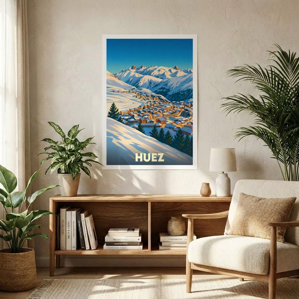 Affiche souvenir de la ville de Huez avec une illustration stylisée d'un village de montagne enneigé.