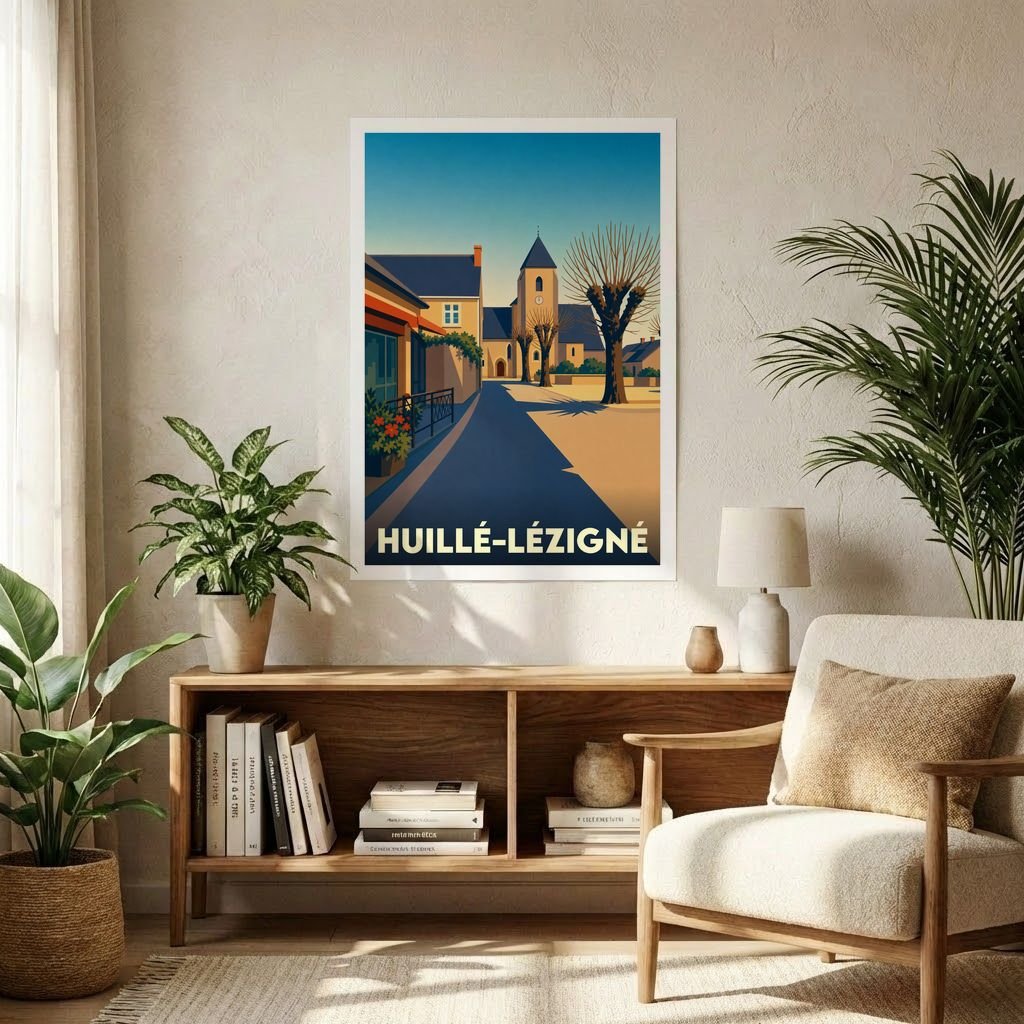 Affiche souvenir de la ville de Huillé-Lézigné avec une illustration stylisée d'une rue de village.
