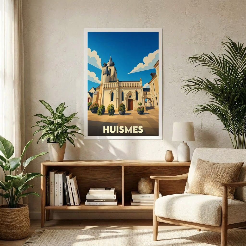 Affiche souvenir de la ville de Huismes avec une illustration stylisée de son église sous un ciel bleu.