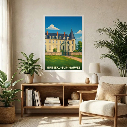 Affiche souvenir de la ville de Huisseau-sur-Mauves avec une illustration stylisée de son château.