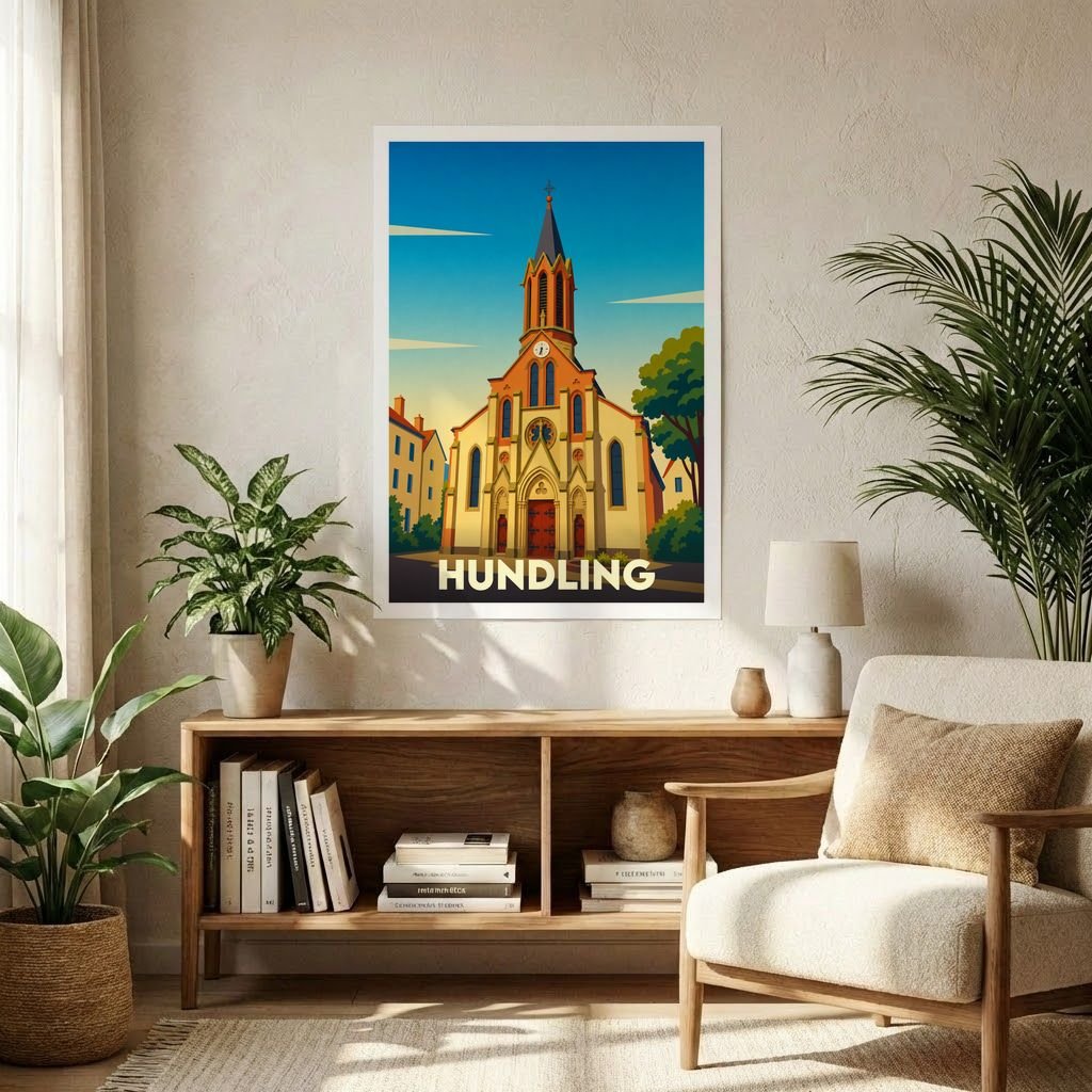 Affiche souvenir de la ville de Hundling avec une illustration stylisée de son église.